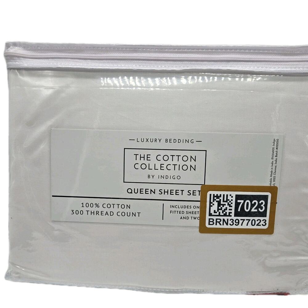 Luxury QUEEN Sheet Set By Indigo 100 Thread Ct THE COTTON COLLECTION White Crisp